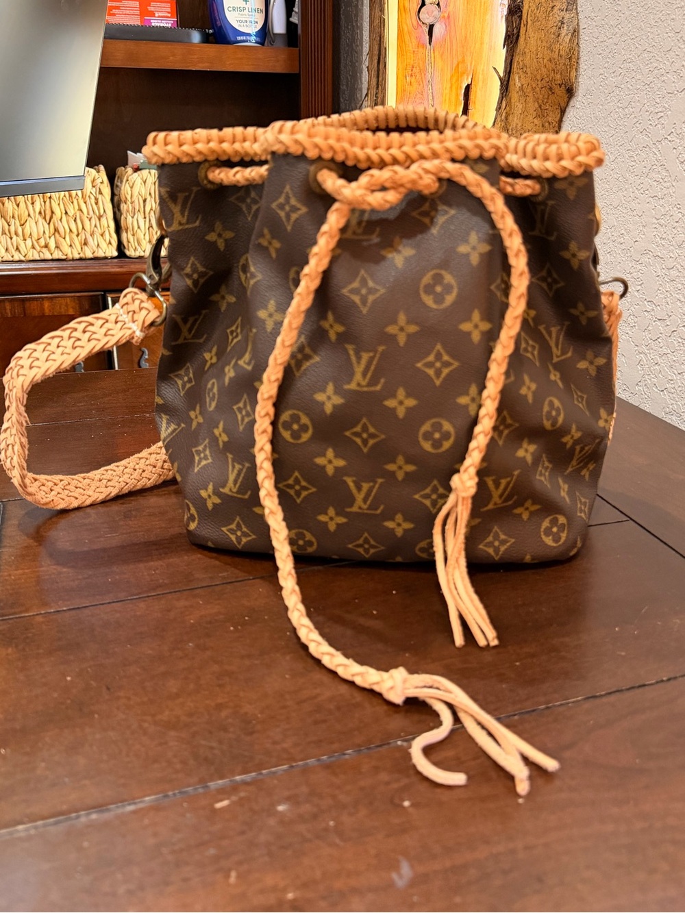 Vintage Boho Bag Monogram Bucket Crossbody with Tan Braided Drawstring